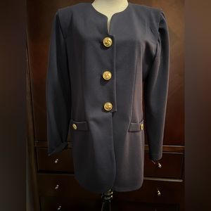 Long navy blue 3 button jacket.